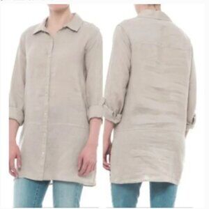 Tahari 100% Linen Women's Button-Down‎ Shirt Blouse Tunic Top Tan/Cream Small